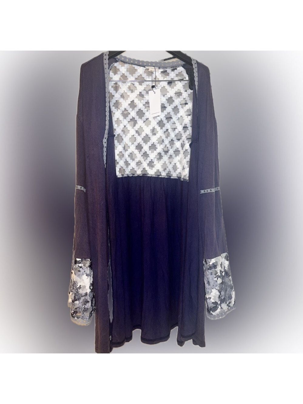 POL Blue and White Patterned Lace Cover Up Robe with Bell Sleeves